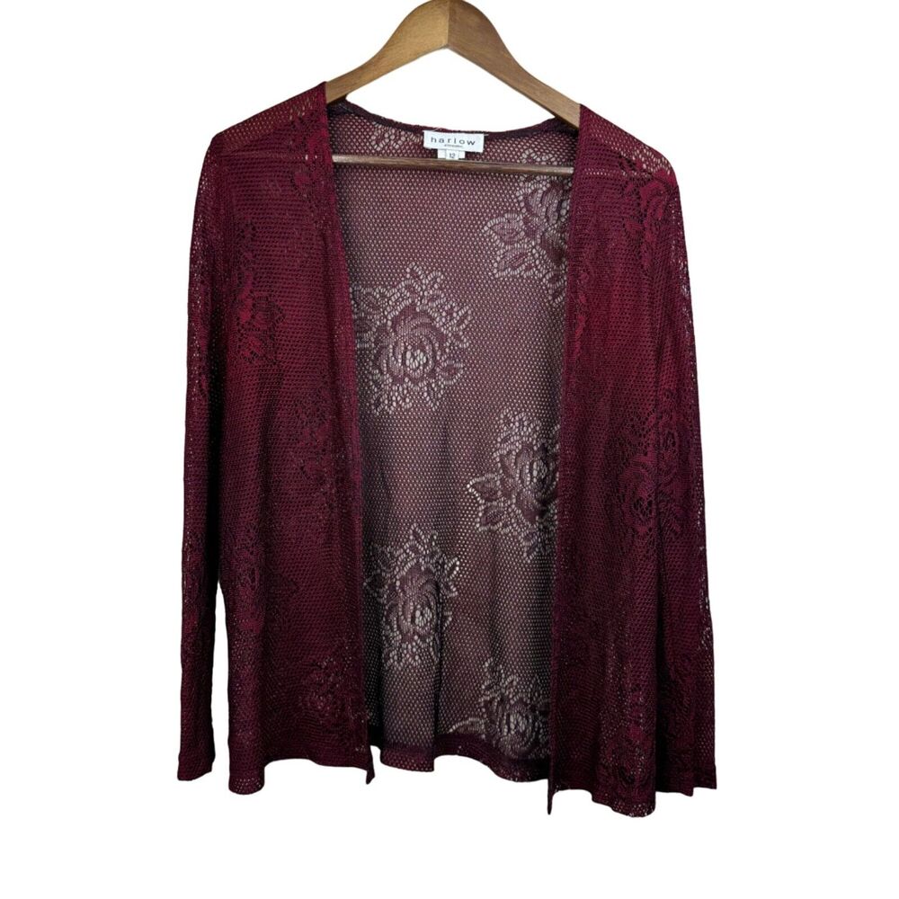 Harlow Womens Sheer Lace Knit Cardigan Jacket Size 12 Acetate Red Maroon Preppy